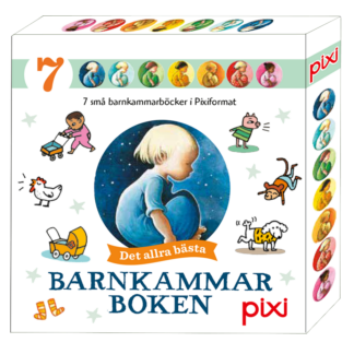 Framsidan av en box med sju små barnkammarböcker i Pixi-format från serien 'Barnkammarboken'. Boxen visar en illustration av ett litet barn som håller en blå måne mot en stjärnfylld bakgrund. Omslaget är dekorerat med små tecknade figurer, som en kyckling, en vagn och en hund. Titeln lyder 'Det allra bästa Barnkammarboken', med märkningen 'pixi' i hörnet.